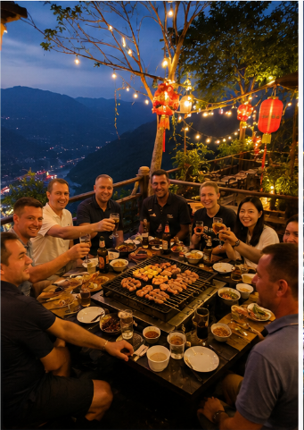 Cena de bienvenida en Mountain BBQ, Chongqing, China