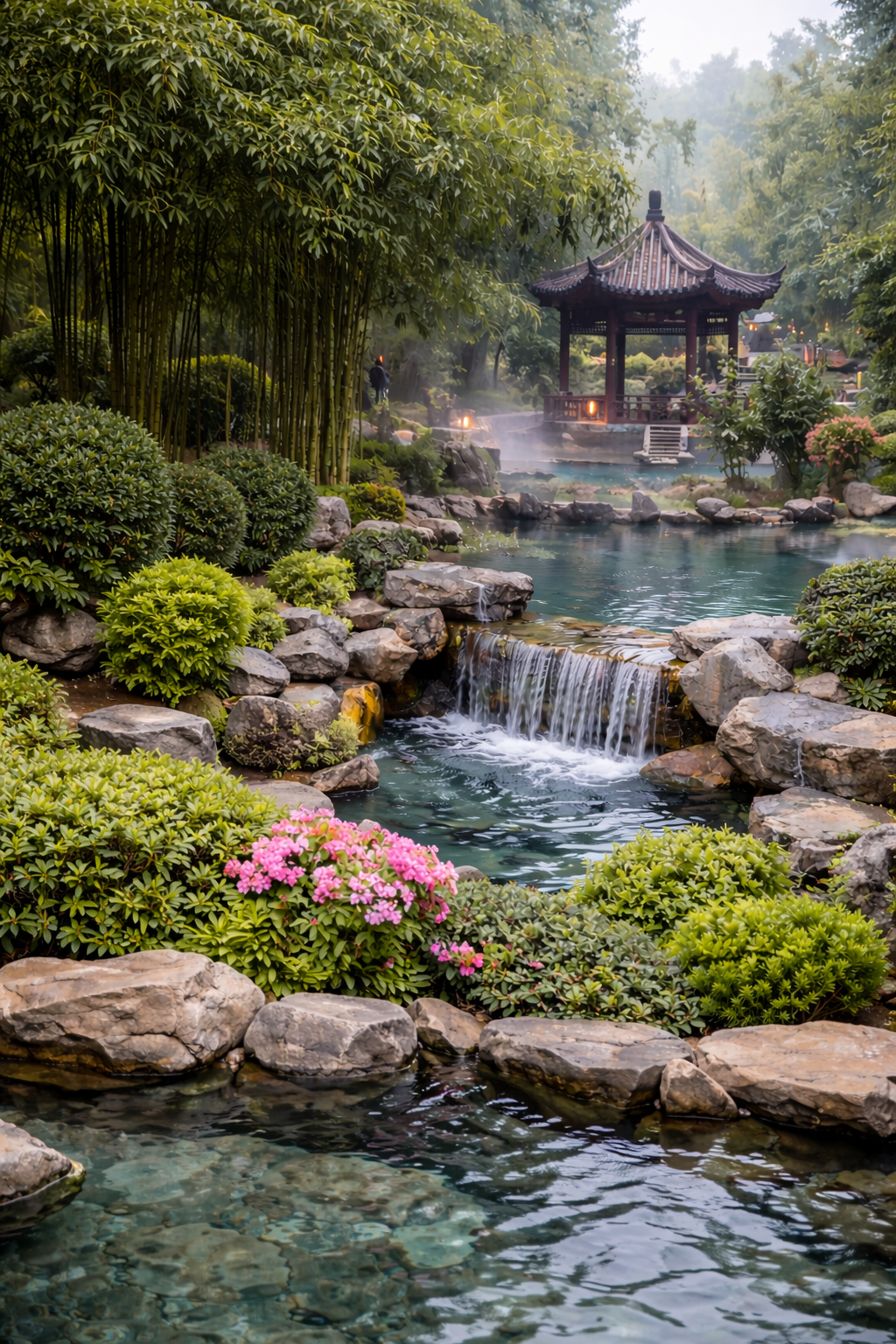 Zona ajardinada panor&aacute;mica y entorno junto a la piscina en las aguas termales Ronghui