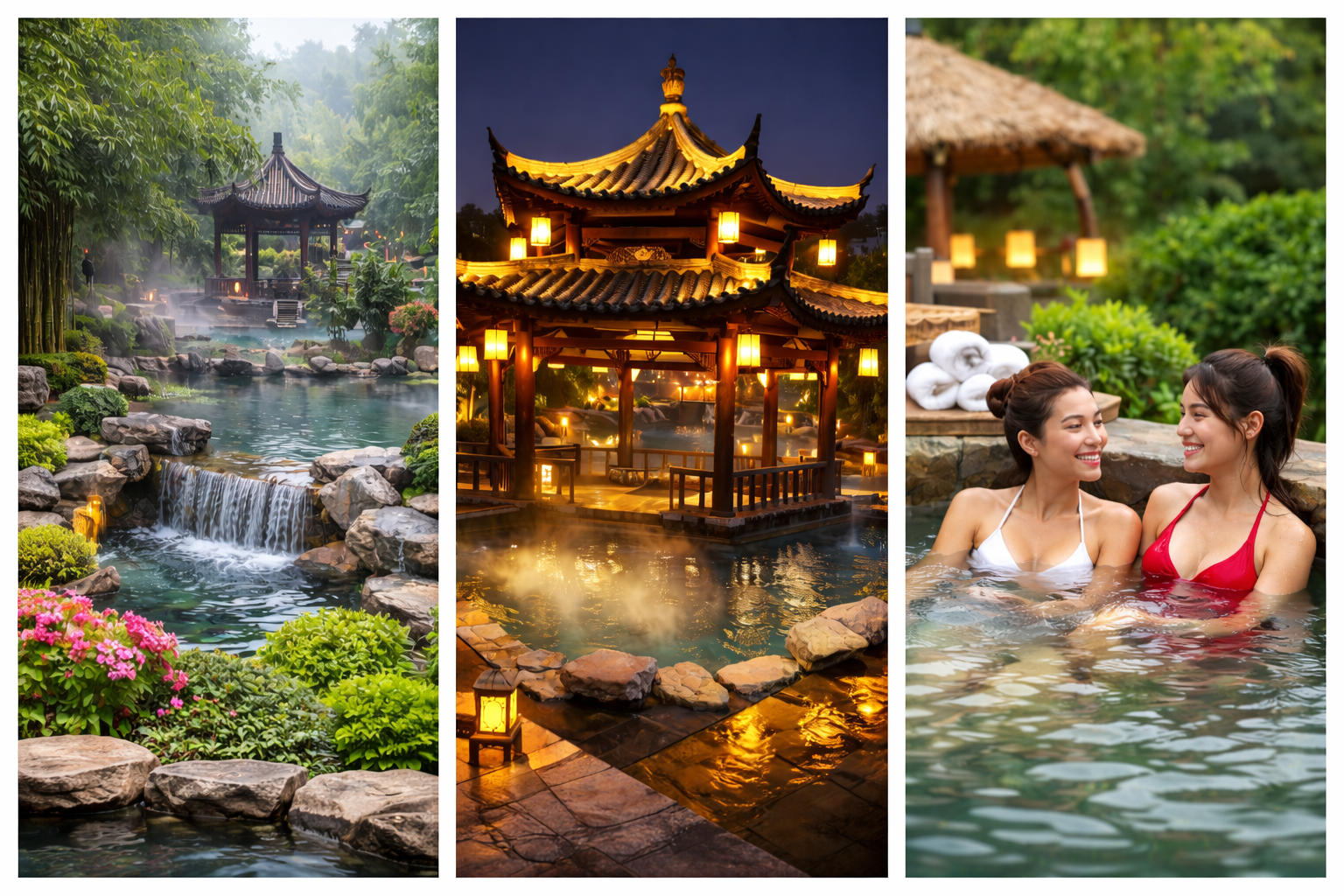 Aguas termales Ronghui en Chongqing con vapor elev&aacute;ndose de la piscina principal al aire libre