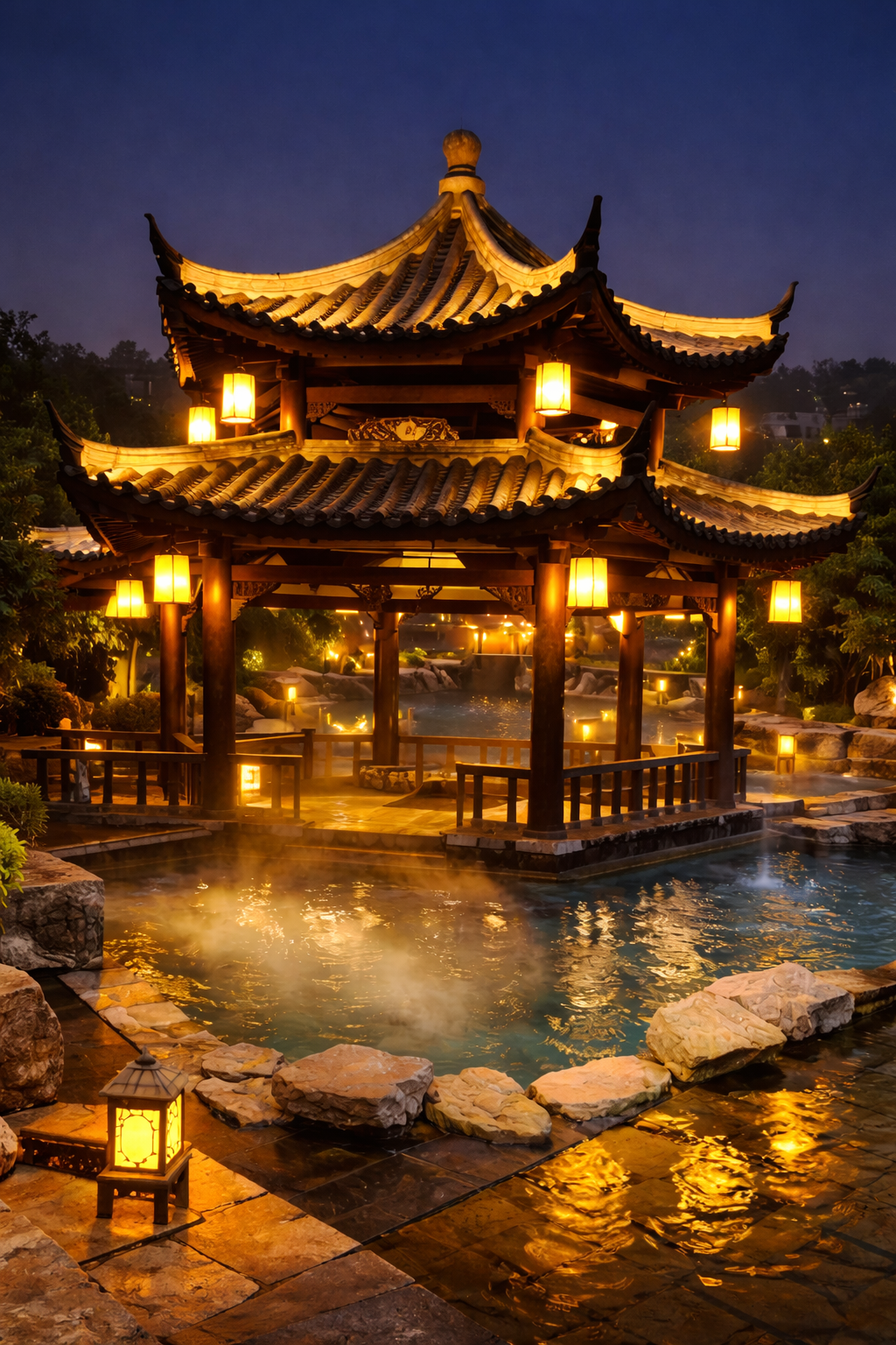 Zona cubierta de aguas termales con vapor y piedra natural en Ronghui