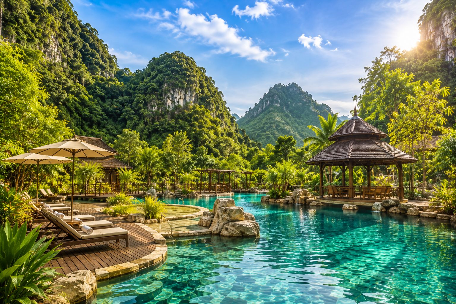 Piscina de The Banjaran Hotsprings Retreat y colinas de piedra caliza en Malasia