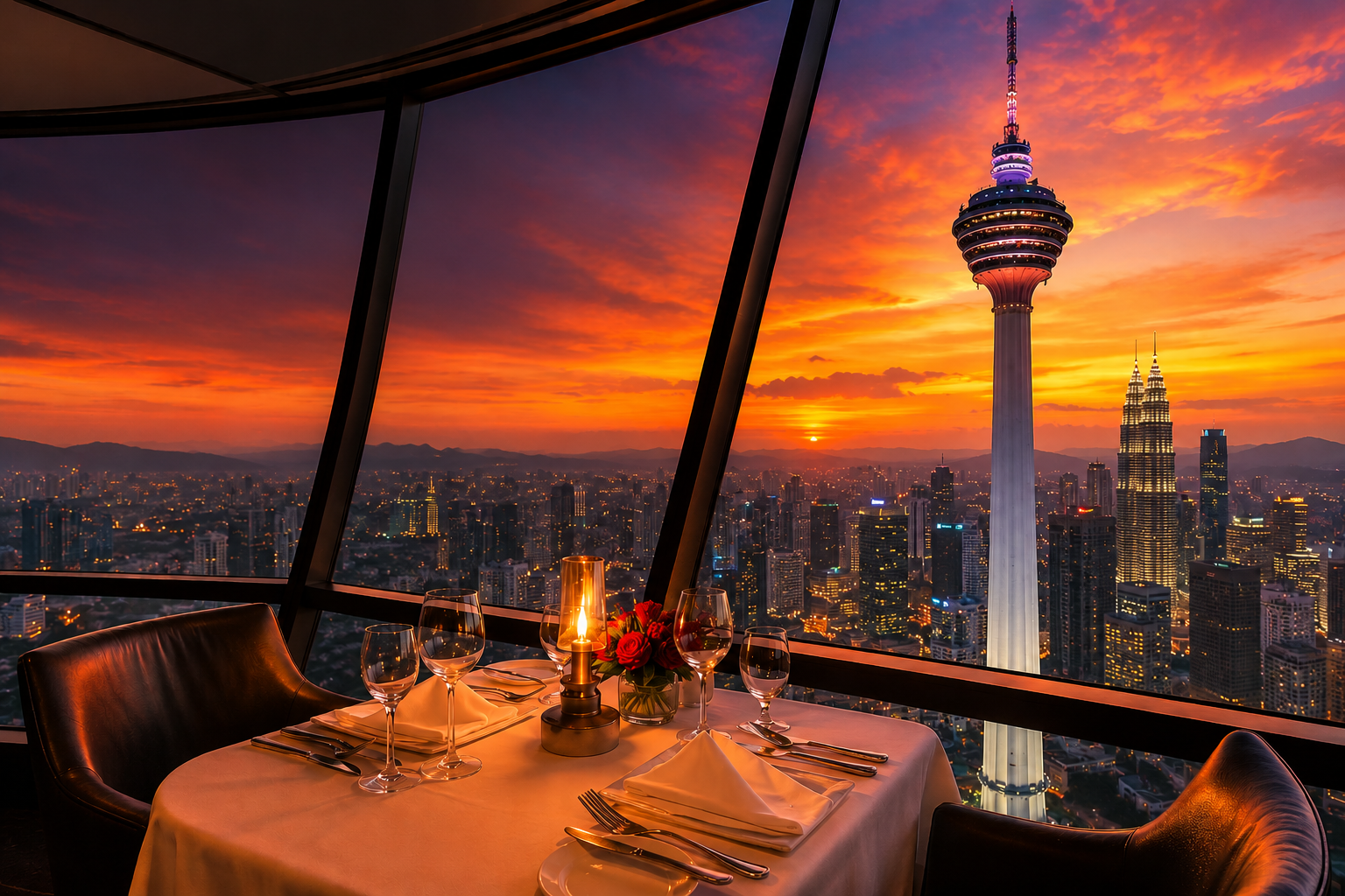 Cena al atardecer en la Torre de Kuala Lumpur durante el viaje para solteros a Malasia